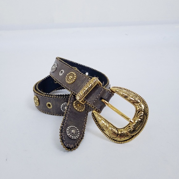 Vintage Accessories - Vintage Genuine Leather Western Gold Belt adjustable silver hardware